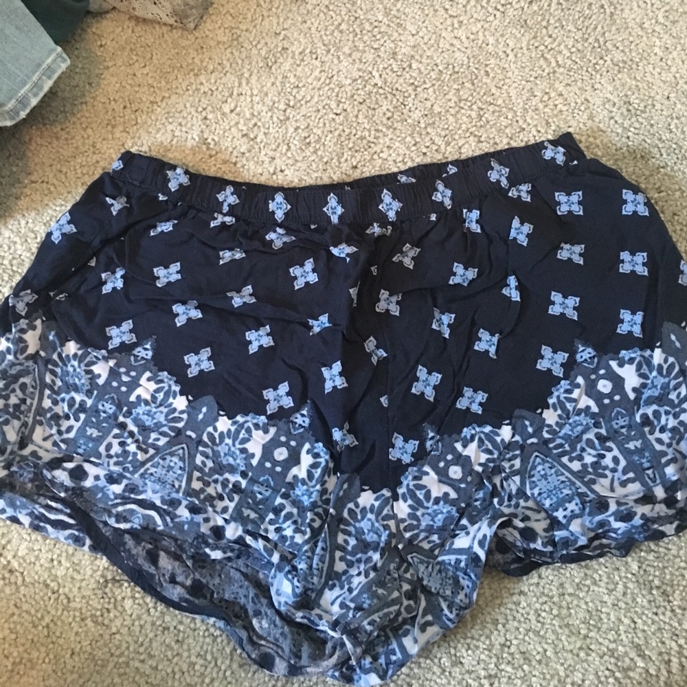 Navy blue with light blue flowered shorts
