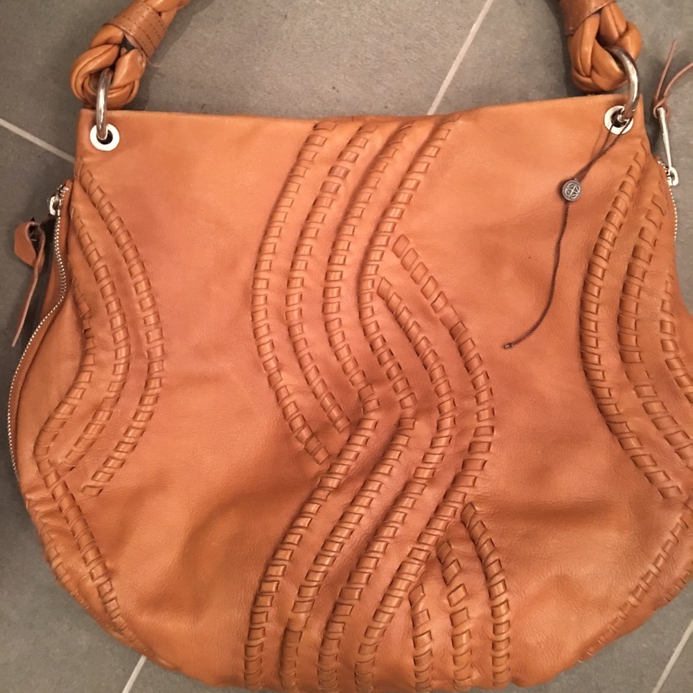 Camel colored leather hobo bag