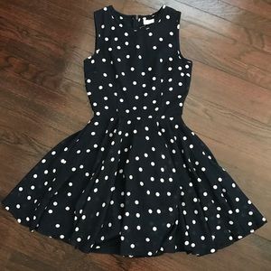 Navy dress with pink polka dots