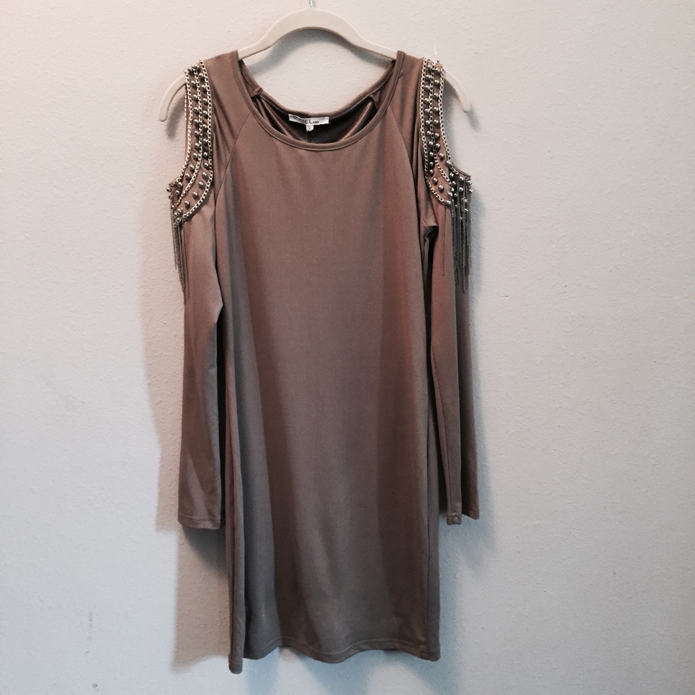 Cold Shoulder Fitted Mini Dress with Bead Detail