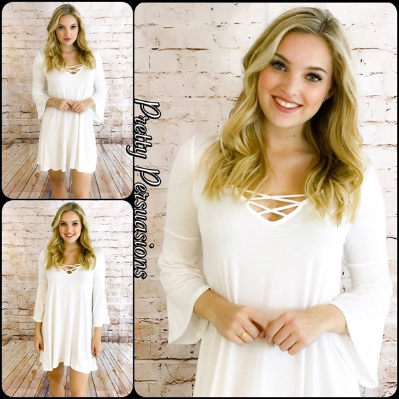 SOLD OUT‼️ White Lace Up V-Neck Bell Sleeve Dress - Picture 4 of 4