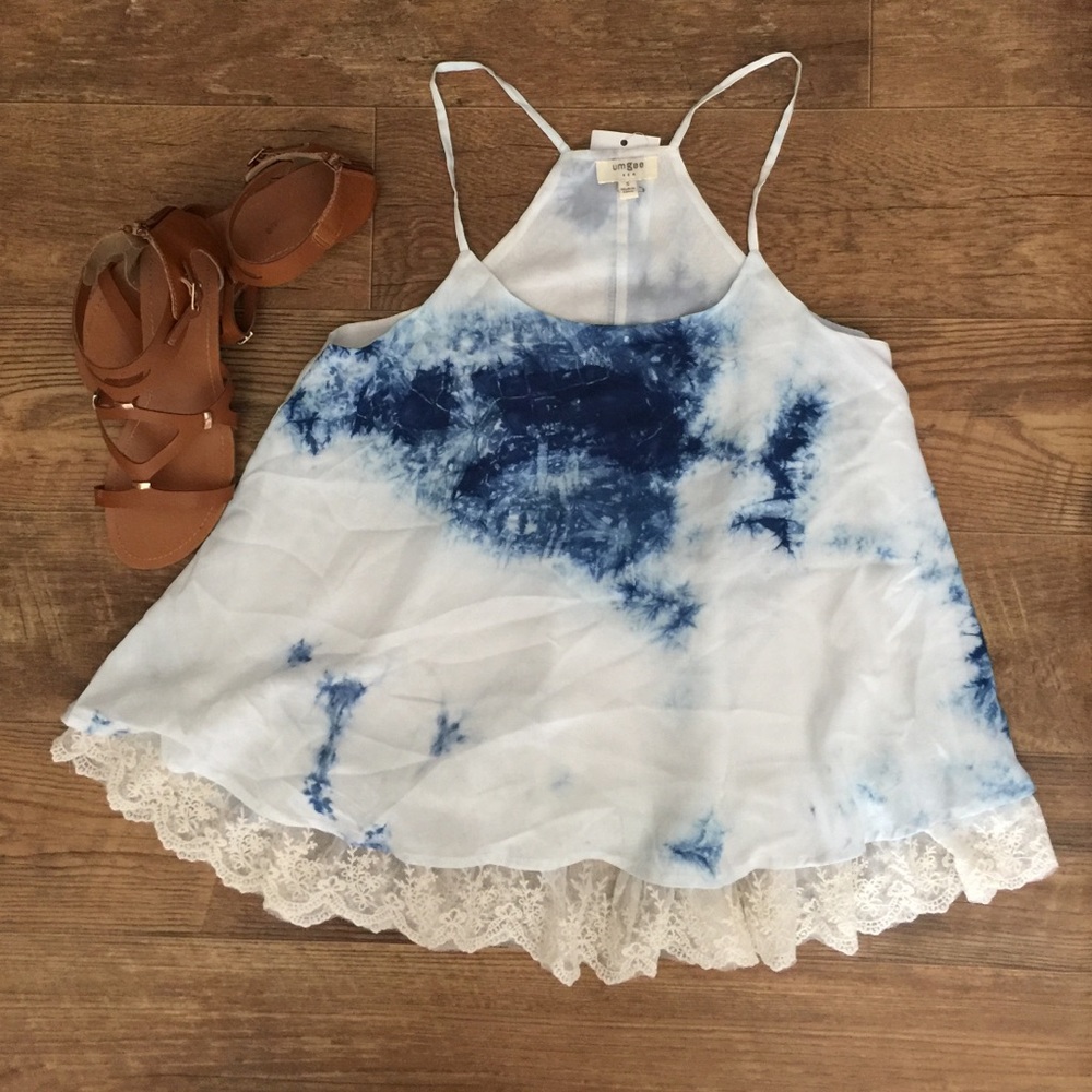 🆕Blue/White Tye Dye Razor Back Tank w Lace Bottom