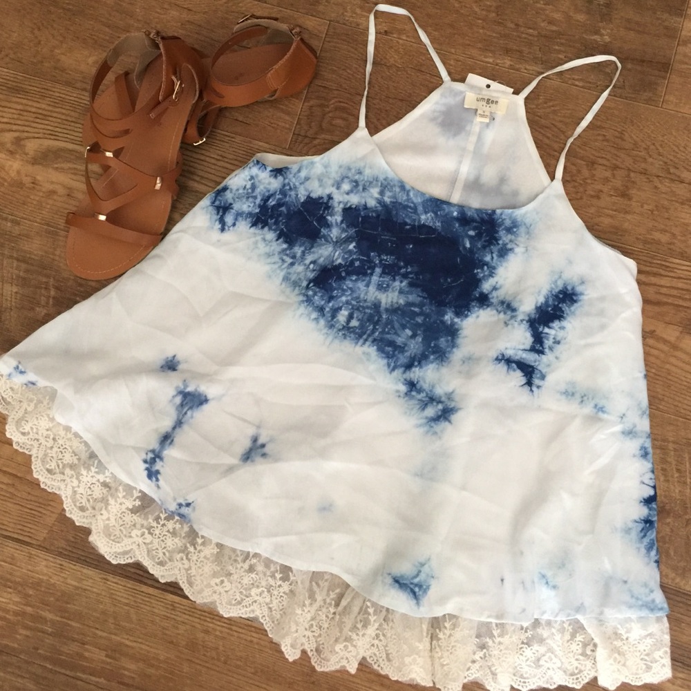 🆕Blue/White Tye Dye Razor Back Tank w Lace Bottom - Picture 4 of 4