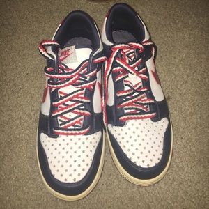 Red white and blue Nike dunks