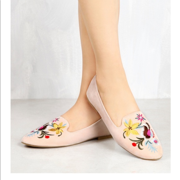 Ladies flat shoes front embroidery Ballerina. Nude - Picture 3 of 4