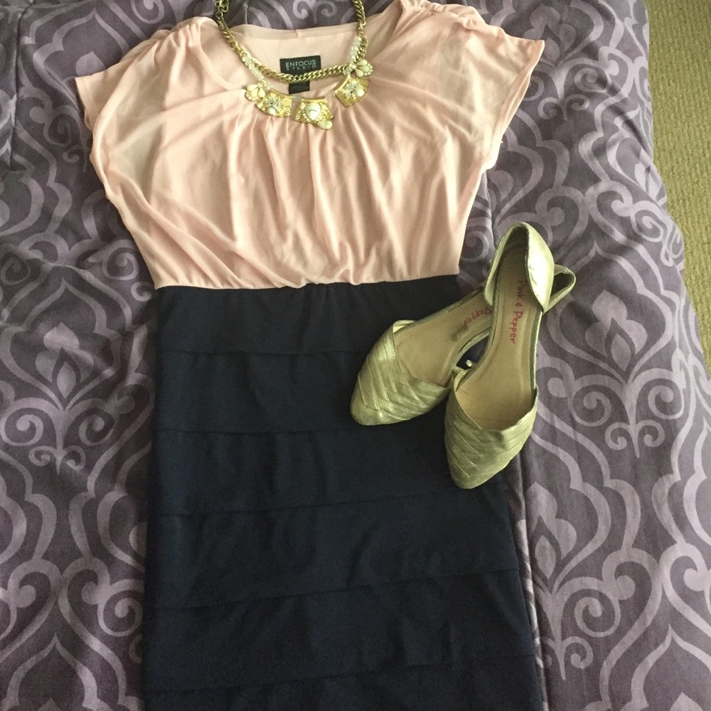 Pale pink and navy blue dress