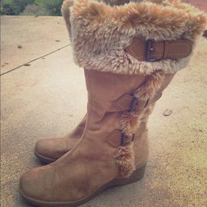 Wedge mid calf Carmel beige suede boots size 8