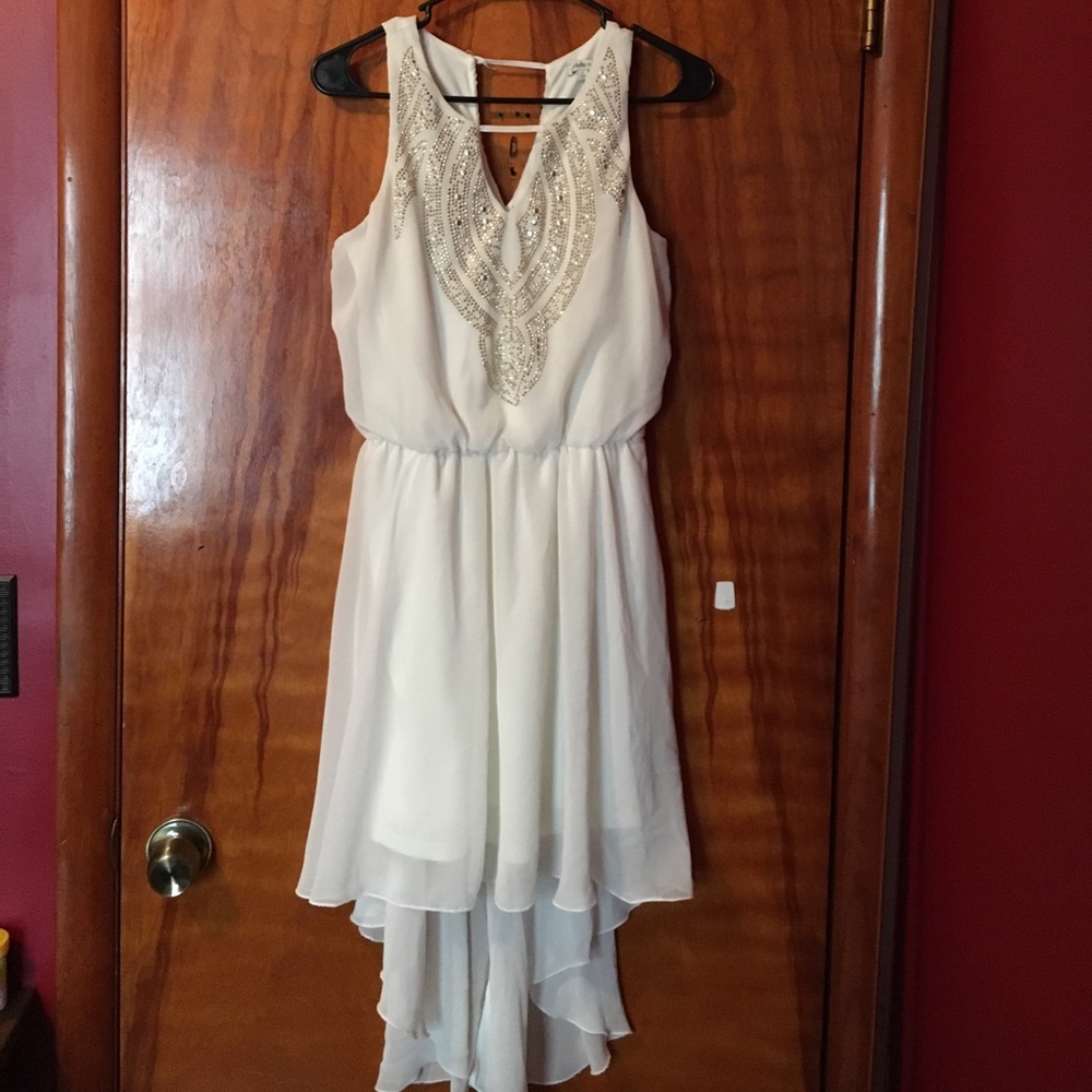 White chiffon beaded high low dress