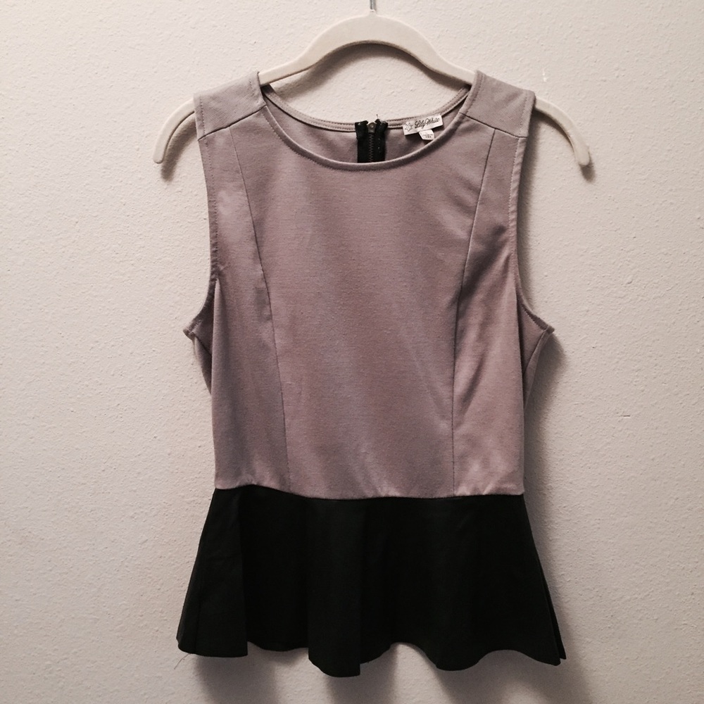 Taupe and Black Faux Leather Peplum Top