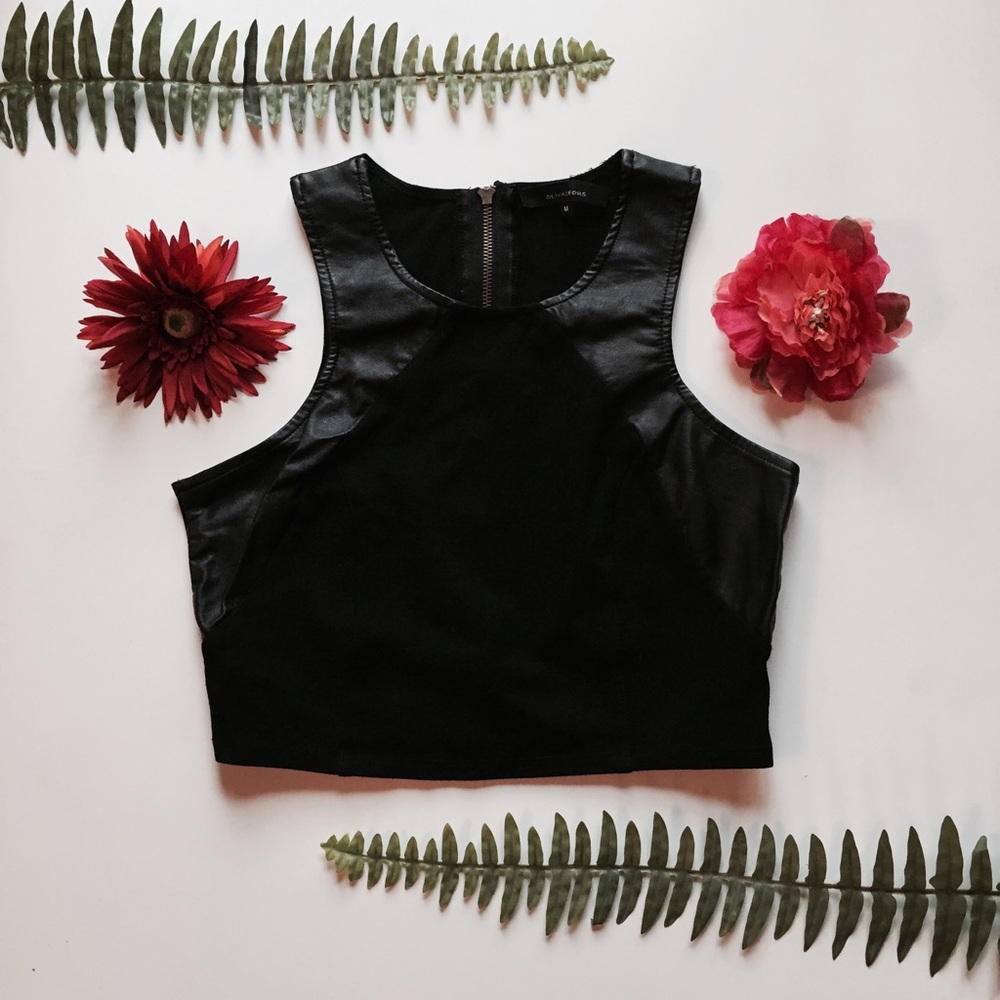 Black Crop Top with Faux Leather Trim
