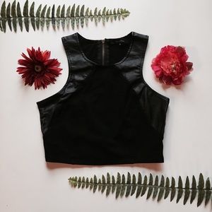 Black Crop Top with Faux Leather Trim