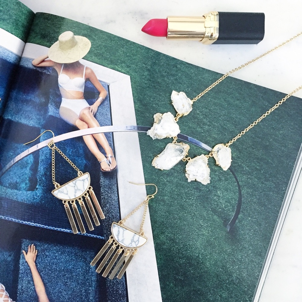 "Samaire" Earrings || White Marble & Gold Tassel