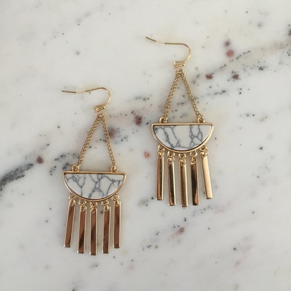 "Samaire" Earrings || White Marble & Gold Tassel - Picture 2 of 8