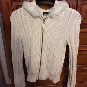 Full Zip Cable Knit Sweater with Fur Hood