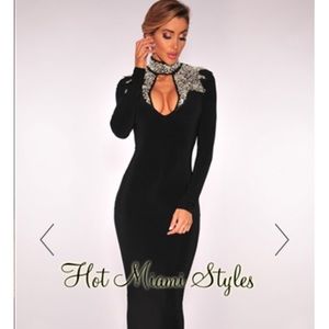Black long fitted cocktail dress with stones