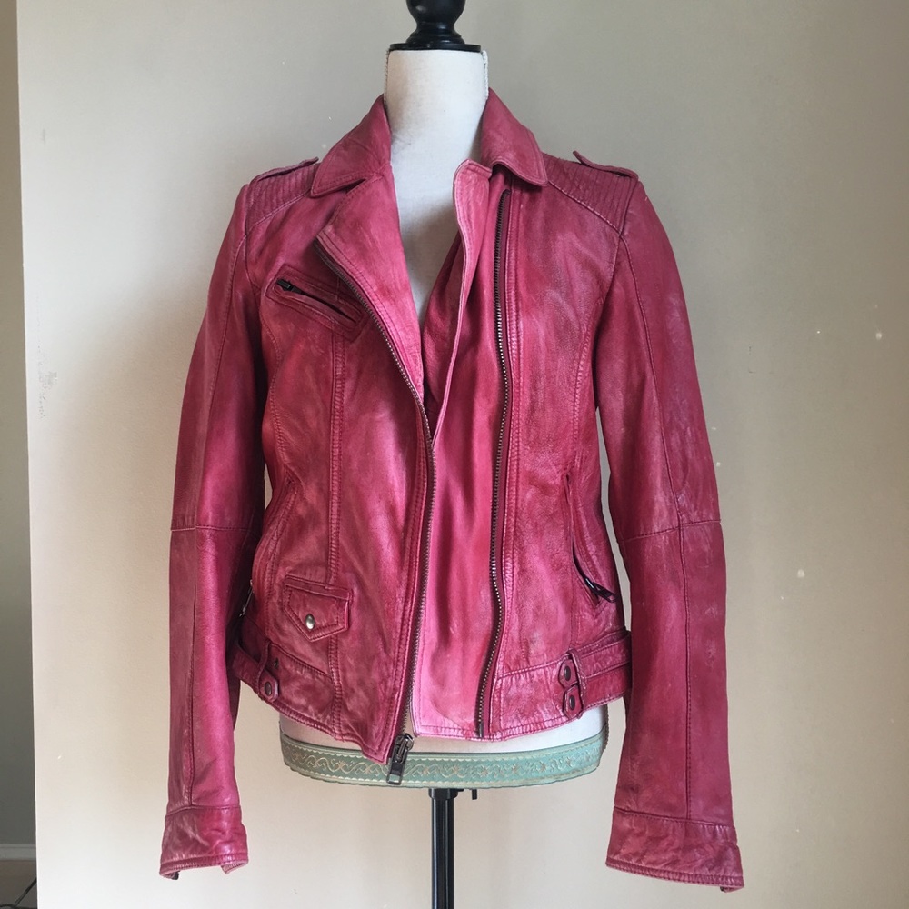 Black River red leather moto jacket M Medium