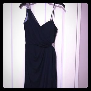 Navy Formal One shoulder rhinestone trim dresses.