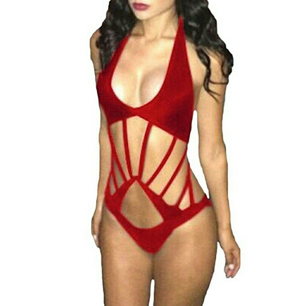 Strappy cutout women's red monokini swim suit