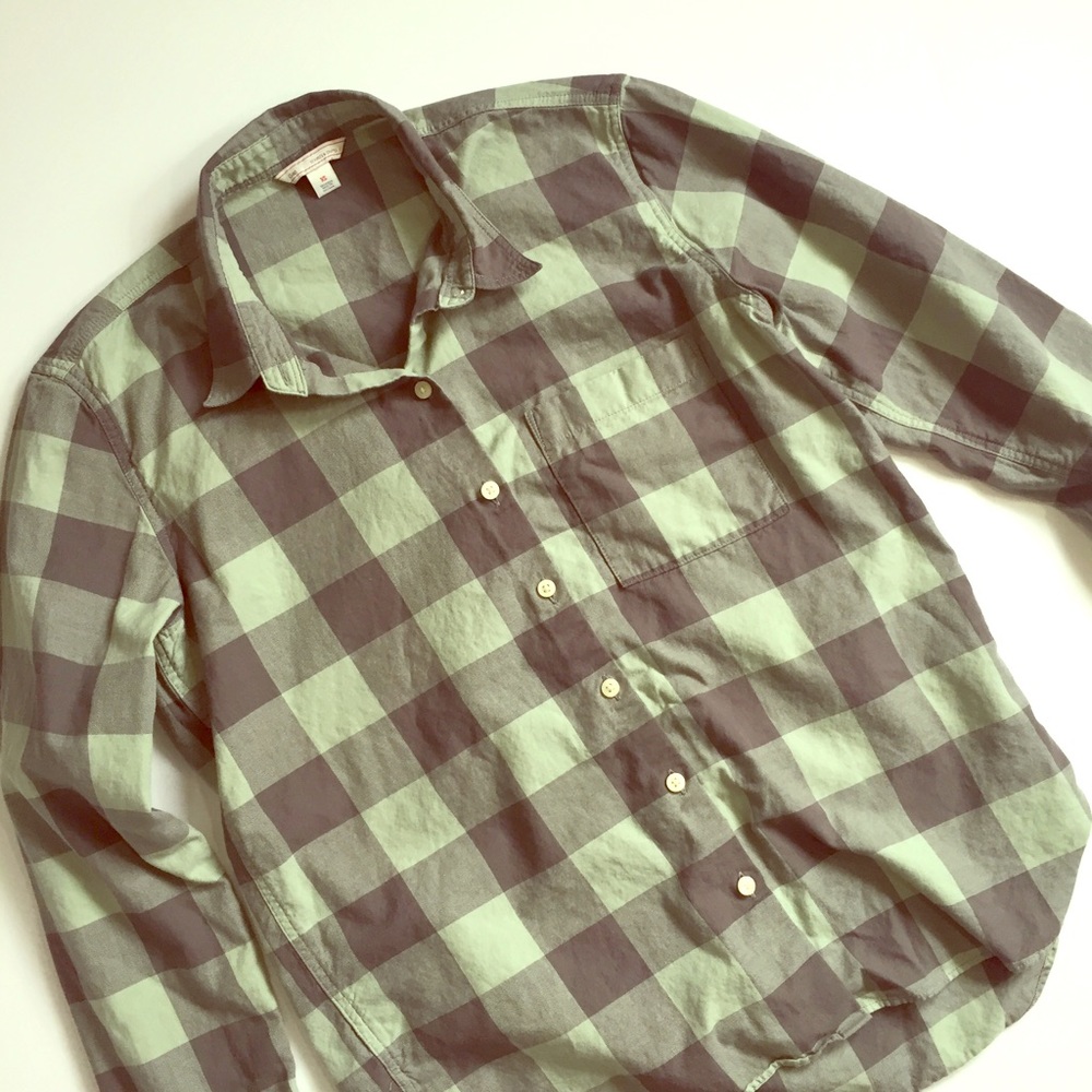 Gray and Mint Buffalo Check Button Down Top