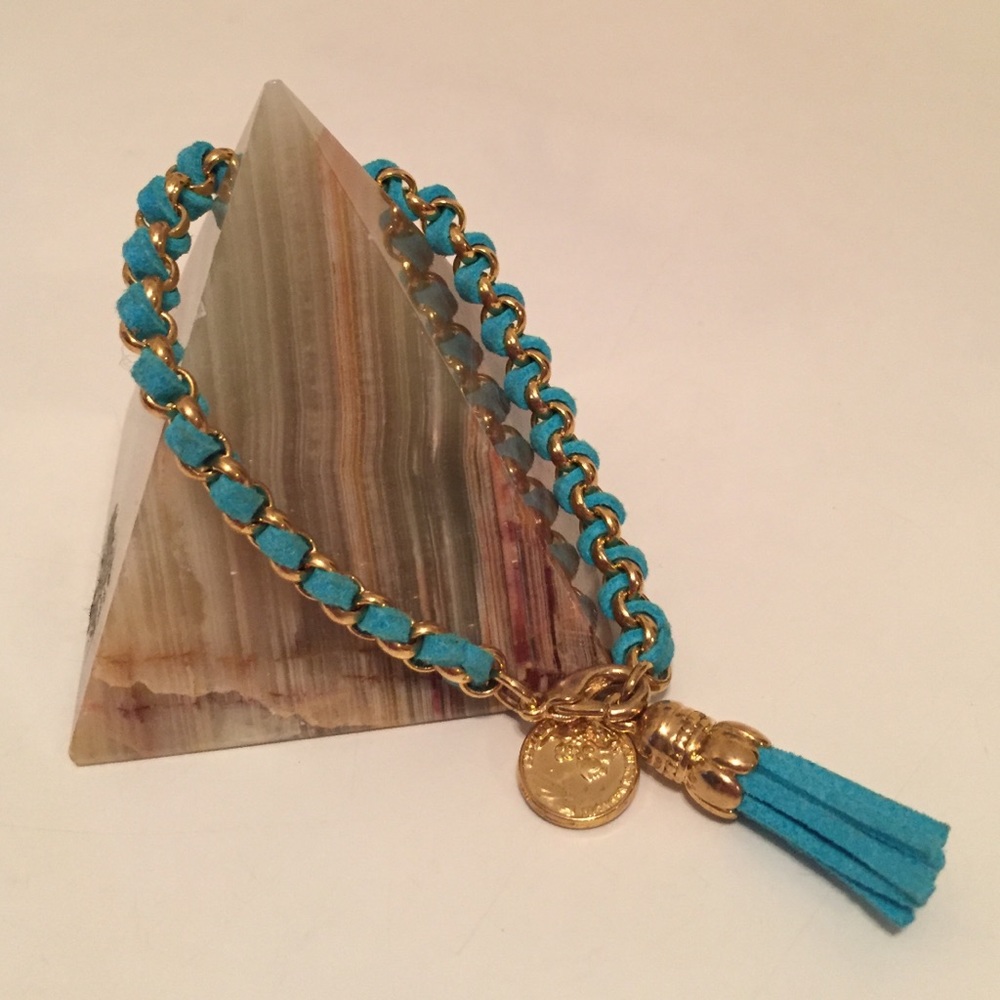 Turquoise leather wrapped gold bracelet