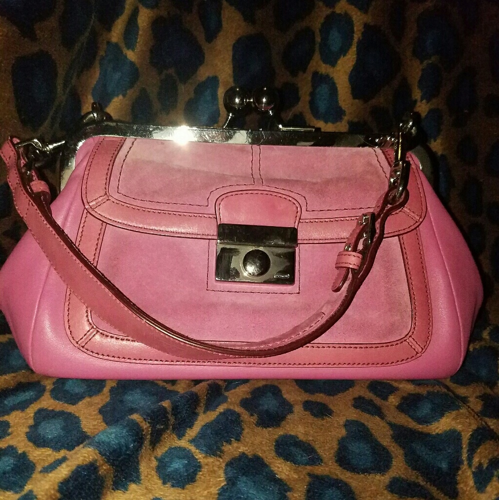 Coach Kisslock Pink Leather Suede Bag