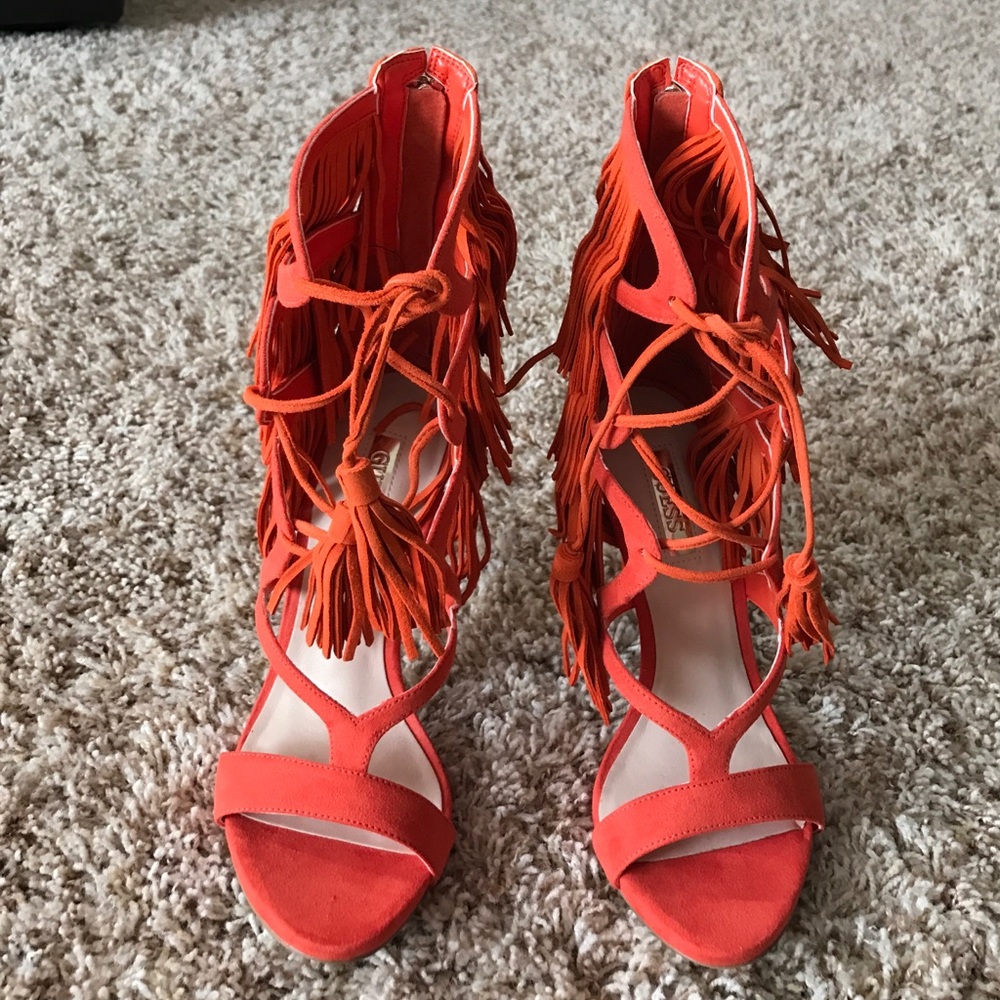 Guess suede fringe heels