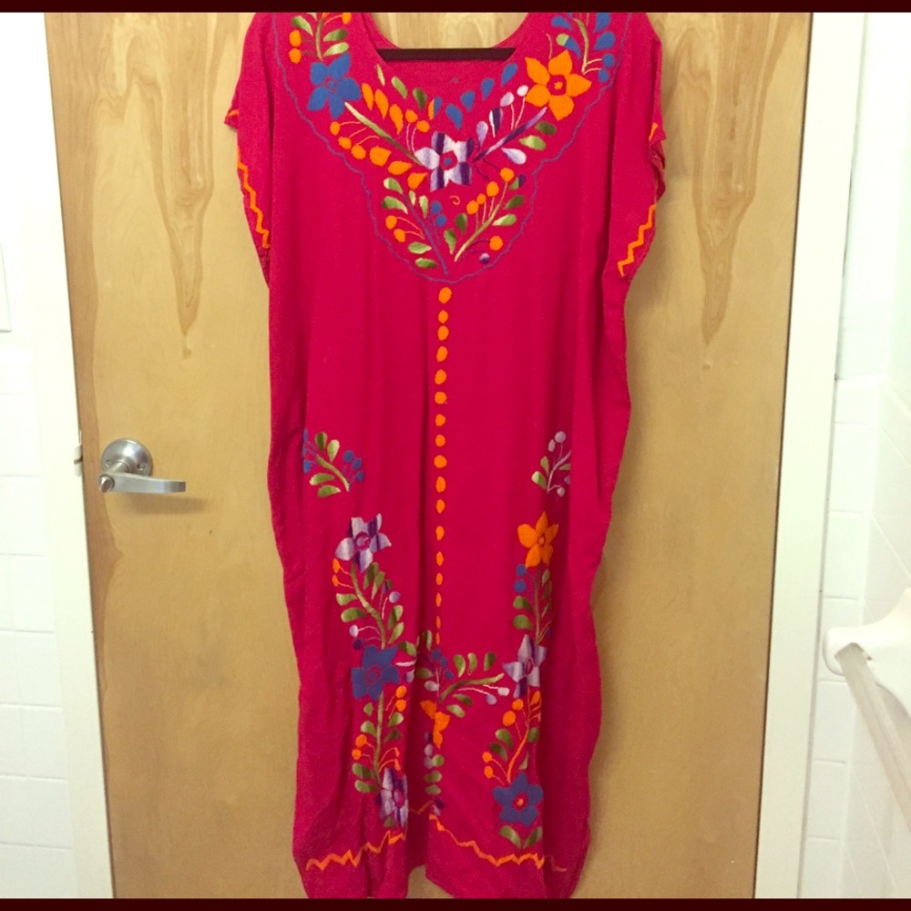 Vintage Hot Pink Mexican Embroidered Dress