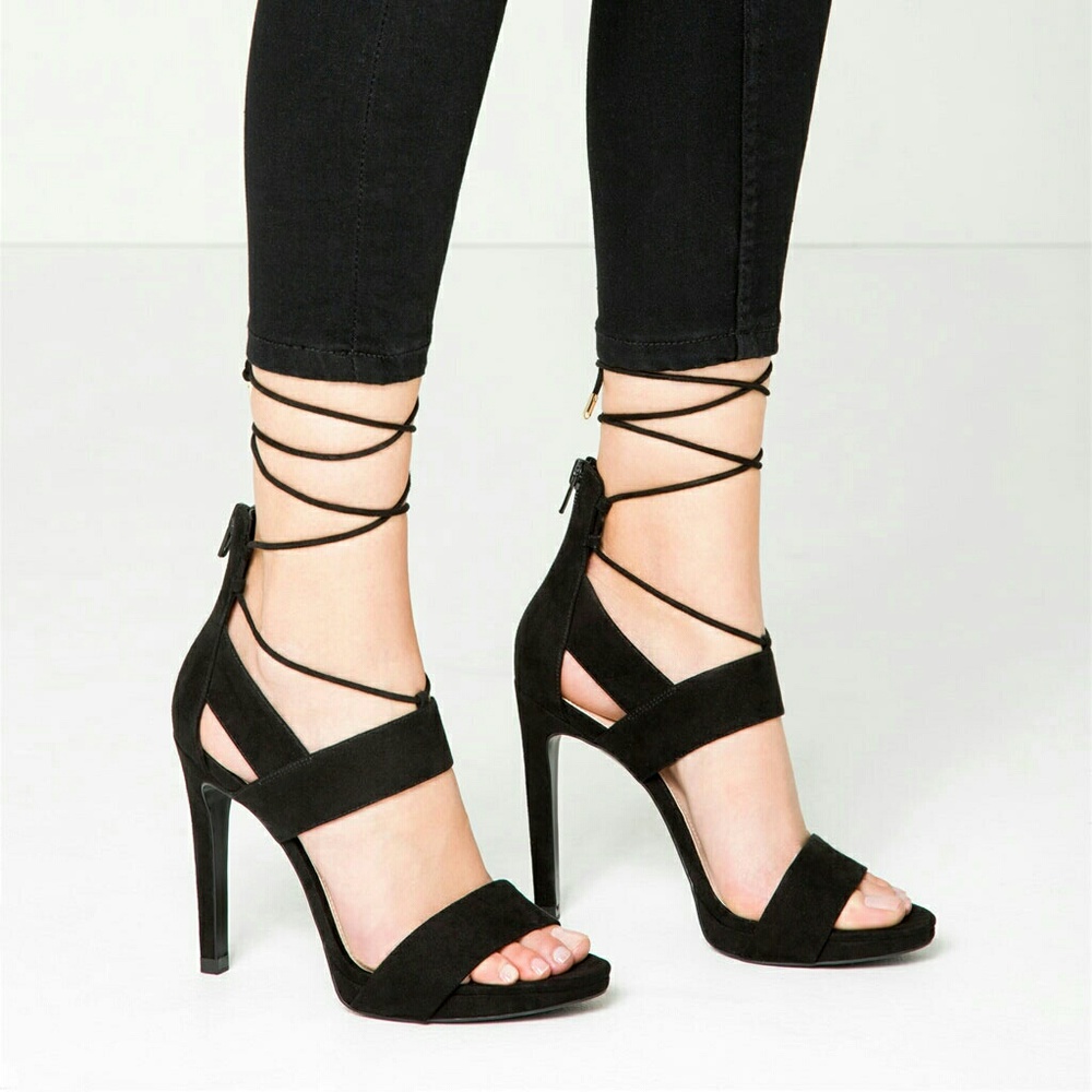 Zara Black Sexy Lace Up Heels with Gold Detail - Picture 3 of 8