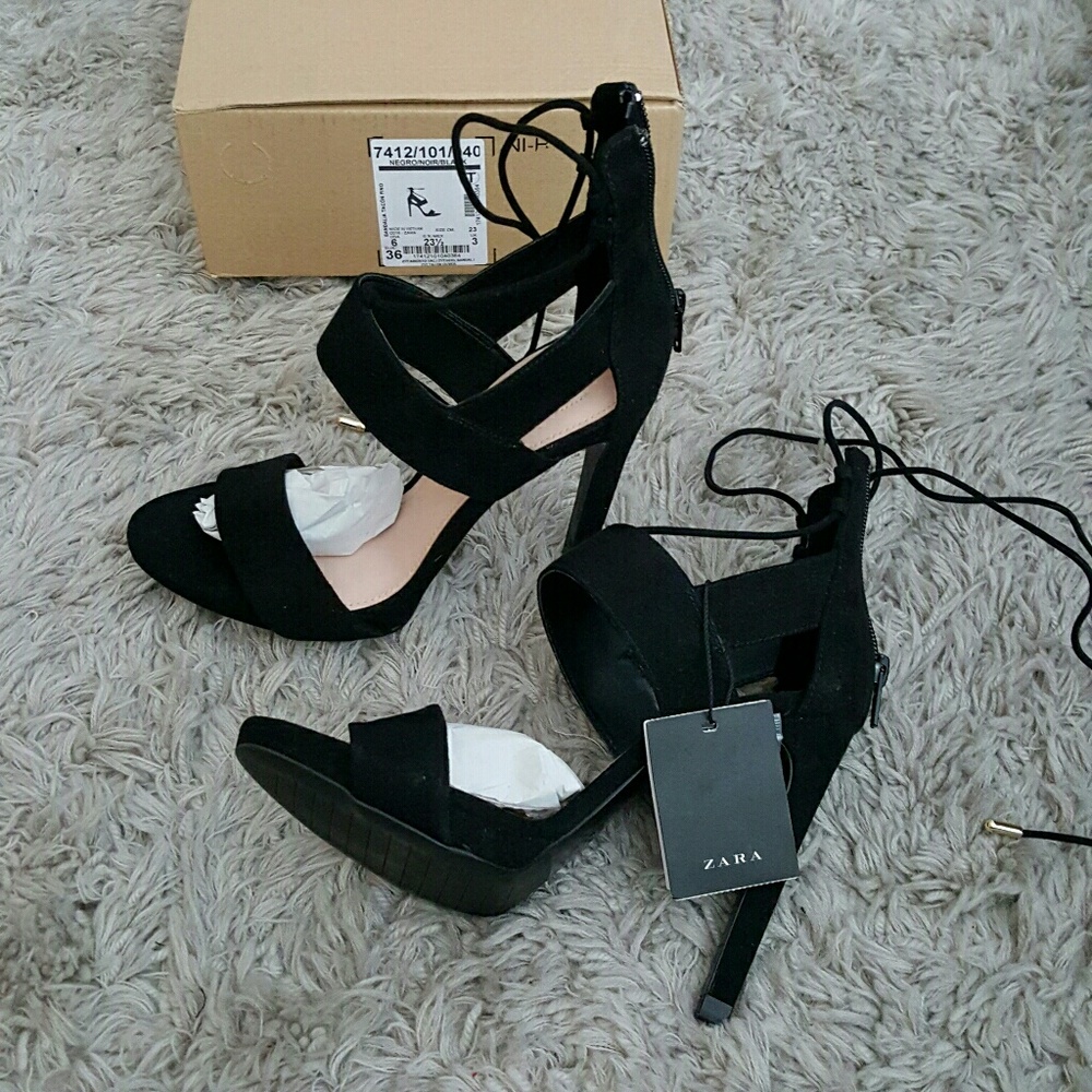 Zara Black Sexy Lace Up Heels with Gold Detail - Picture 4 of 8