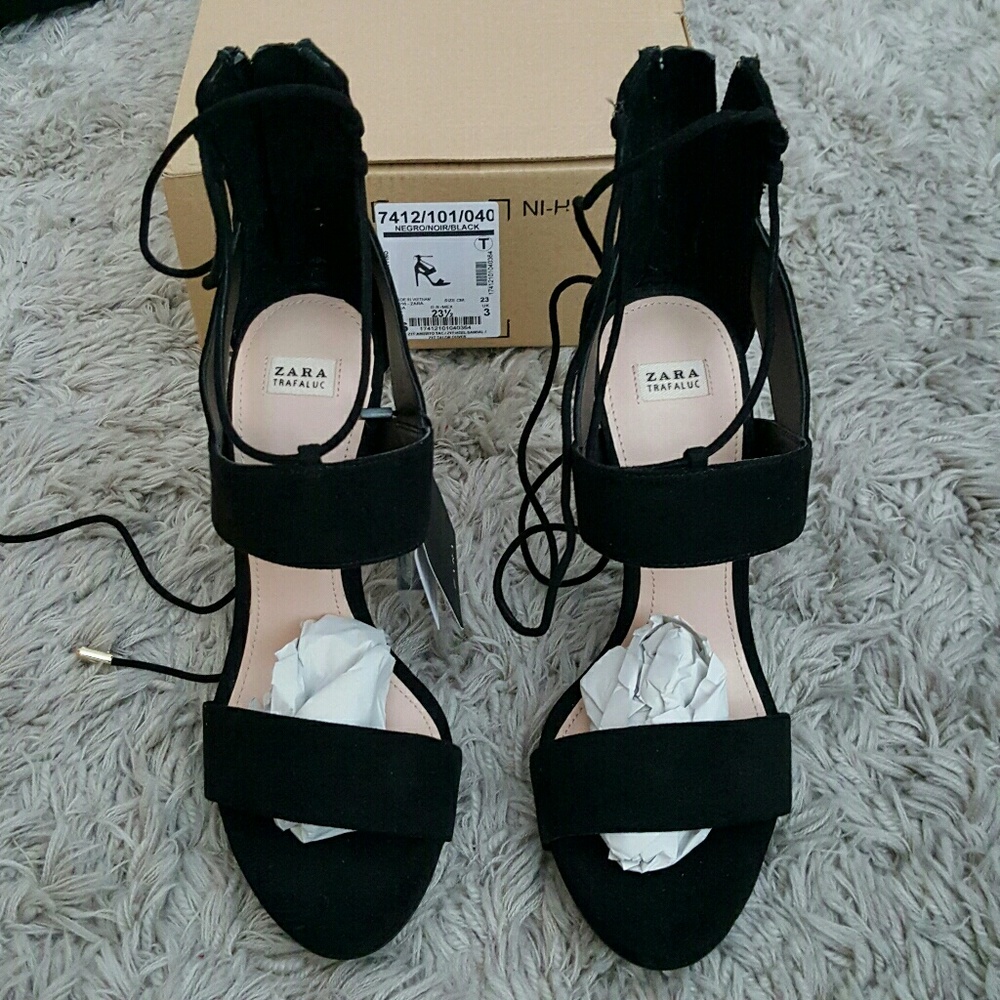 Zara Black Sexy Lace Up Heels with Gold Detail - Picture 5 of 8