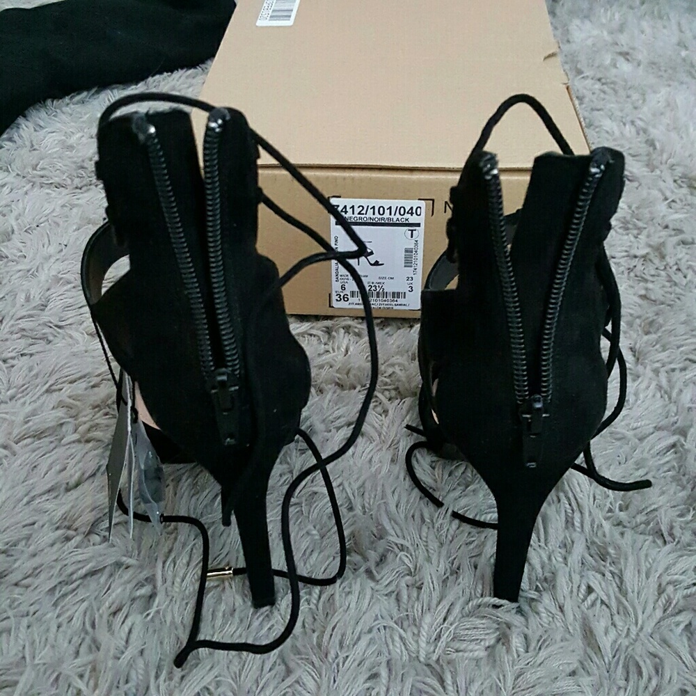 Zara Black Sexy Lace Up Heels with Gold Detail - Picture 6 of 8