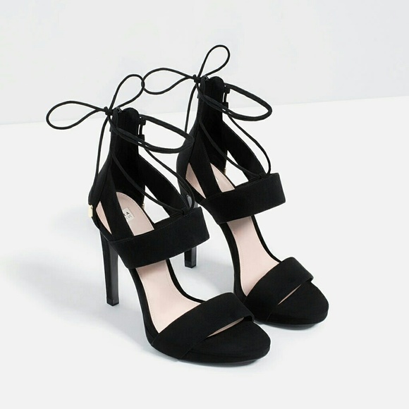 Zara Black Sexy Lace Up Heels with Gold Detail - Picture 2 of 8