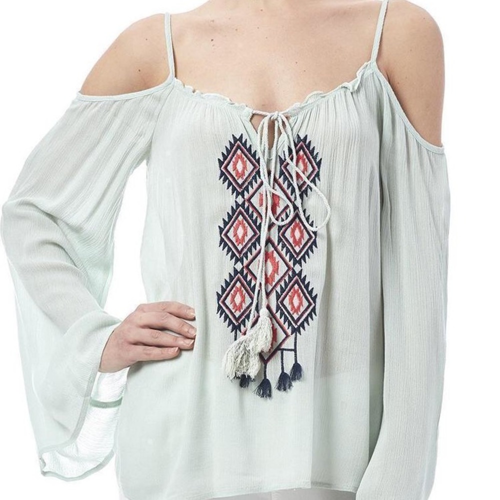 SOLD ~Off shoulder boho embroidered top, tassels
