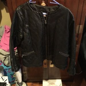 Black, faux leather, quilted jacket.