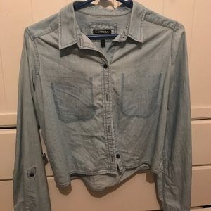 EXPRESS Cropped Chambray Distressed Pocket Top