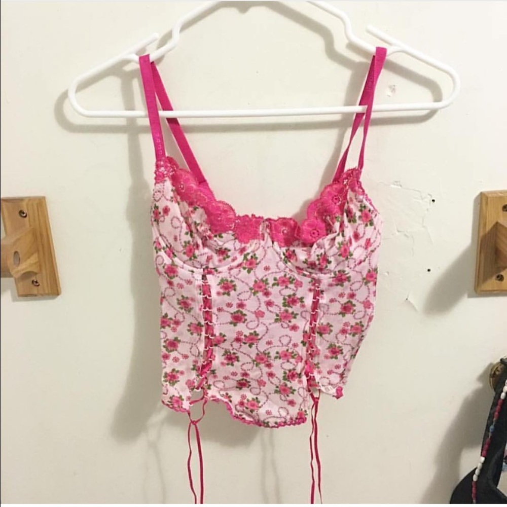 Pink floral lace up corset