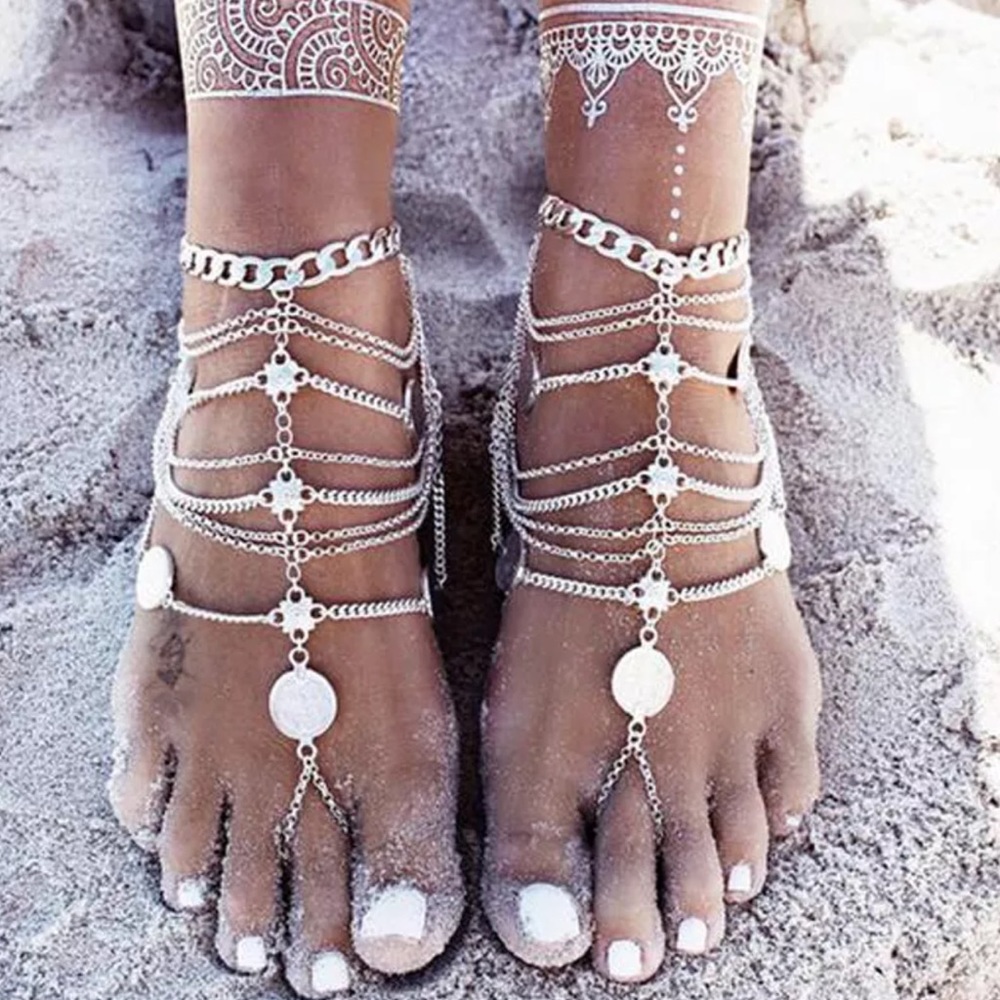 Coin Tassel Barefoot Beach Boho Sandal Anklet - Picture 4 of 4