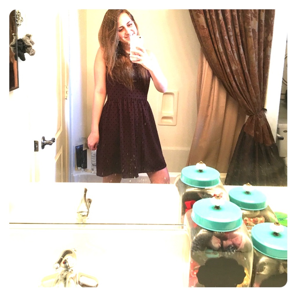 Maroon loft dress with faint black polka dots