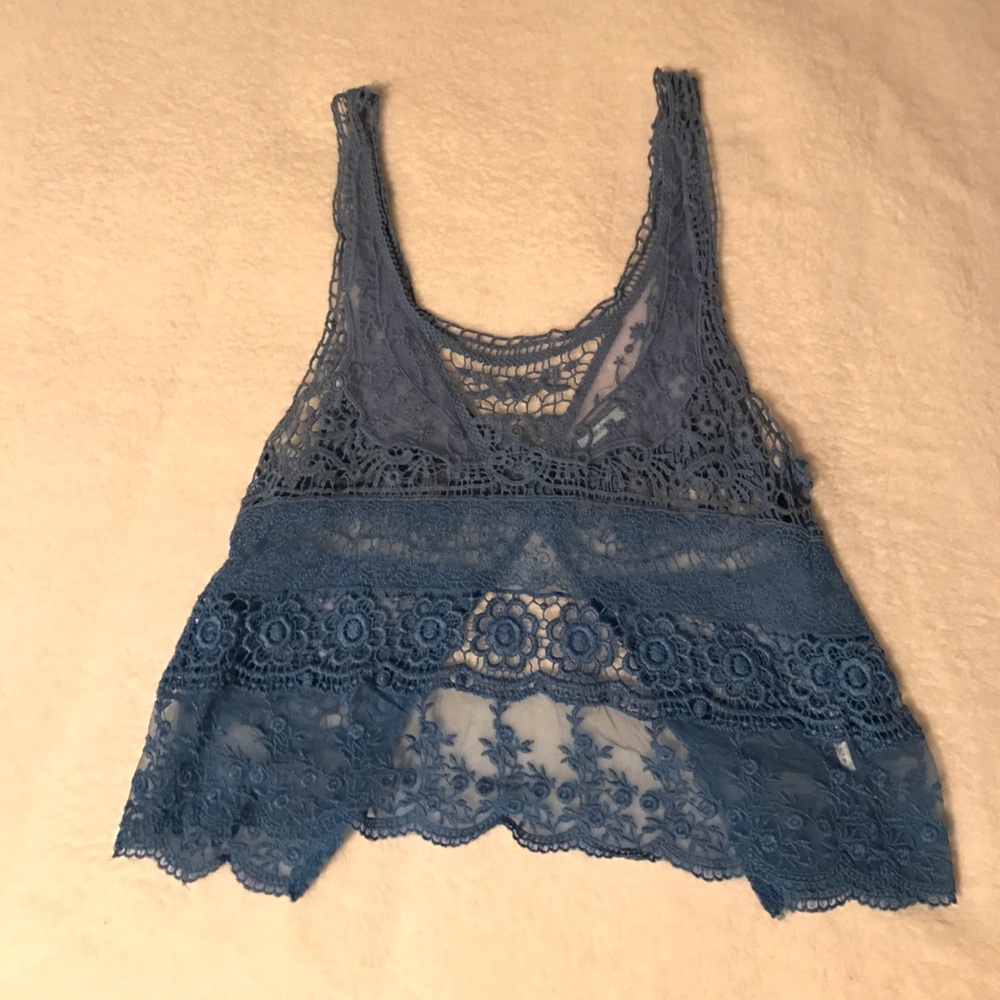 Blue Free People open back lace crop top/tank top