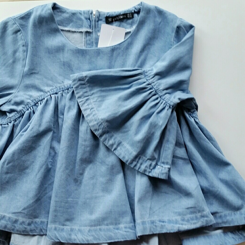 Denim/Jean Bell Sleeve Babydoll Top - Picture 2 of 5