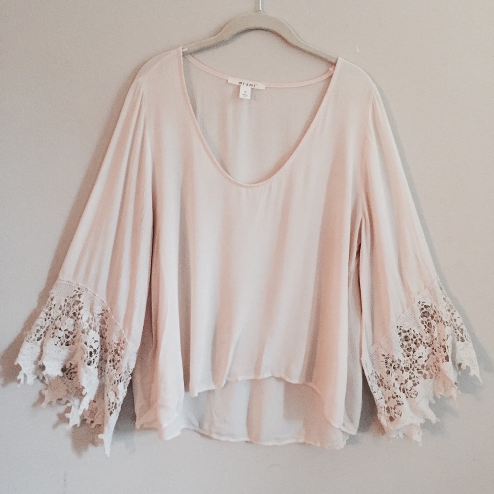 Bell Sleeve Crochet Trim Top