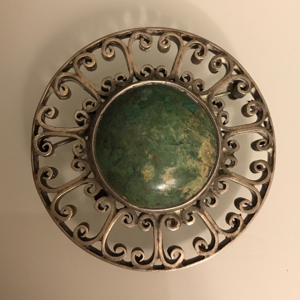 Vintage Mexico Taxco 925 Silver & Turquoise Brooch