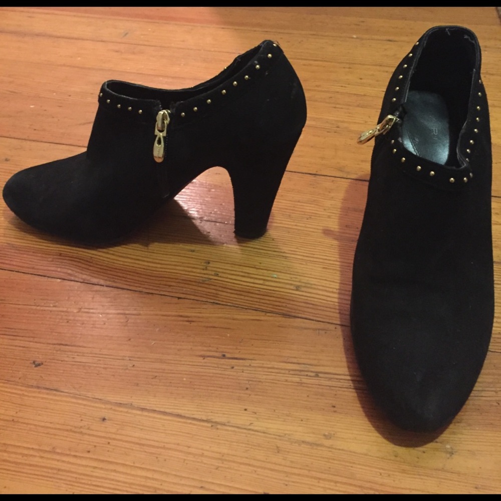 Tahari black suede booties with gold accents