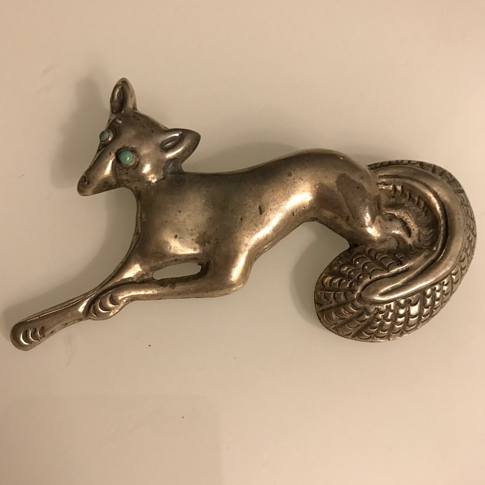 Vintage Sterling Silver & Turquoise Fox PinBrooch