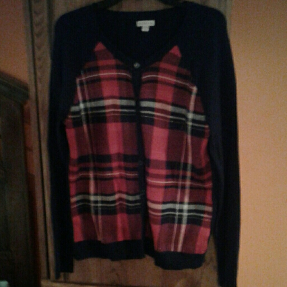 Red and navy button up cardigan