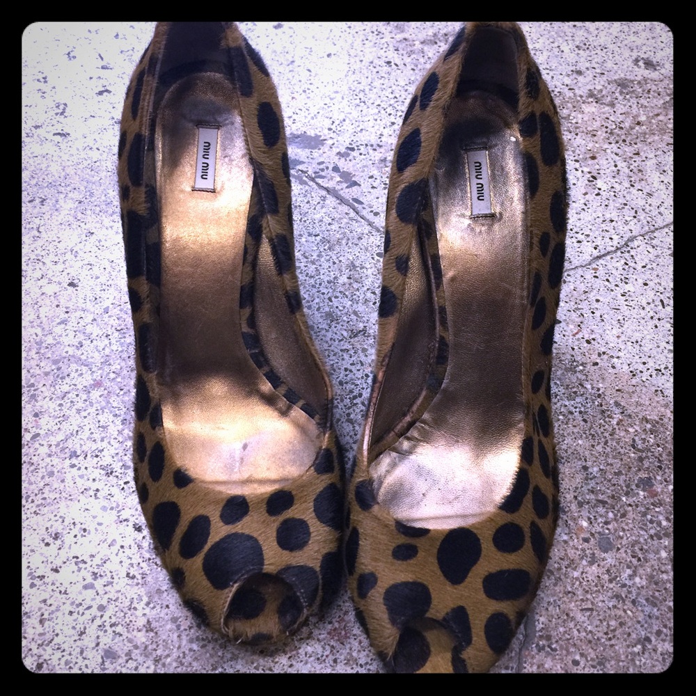 Leopard pumps peep toe calf skin