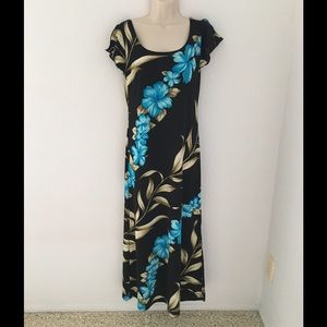 Gorgeous black maxi dress with blue hibiscus, S