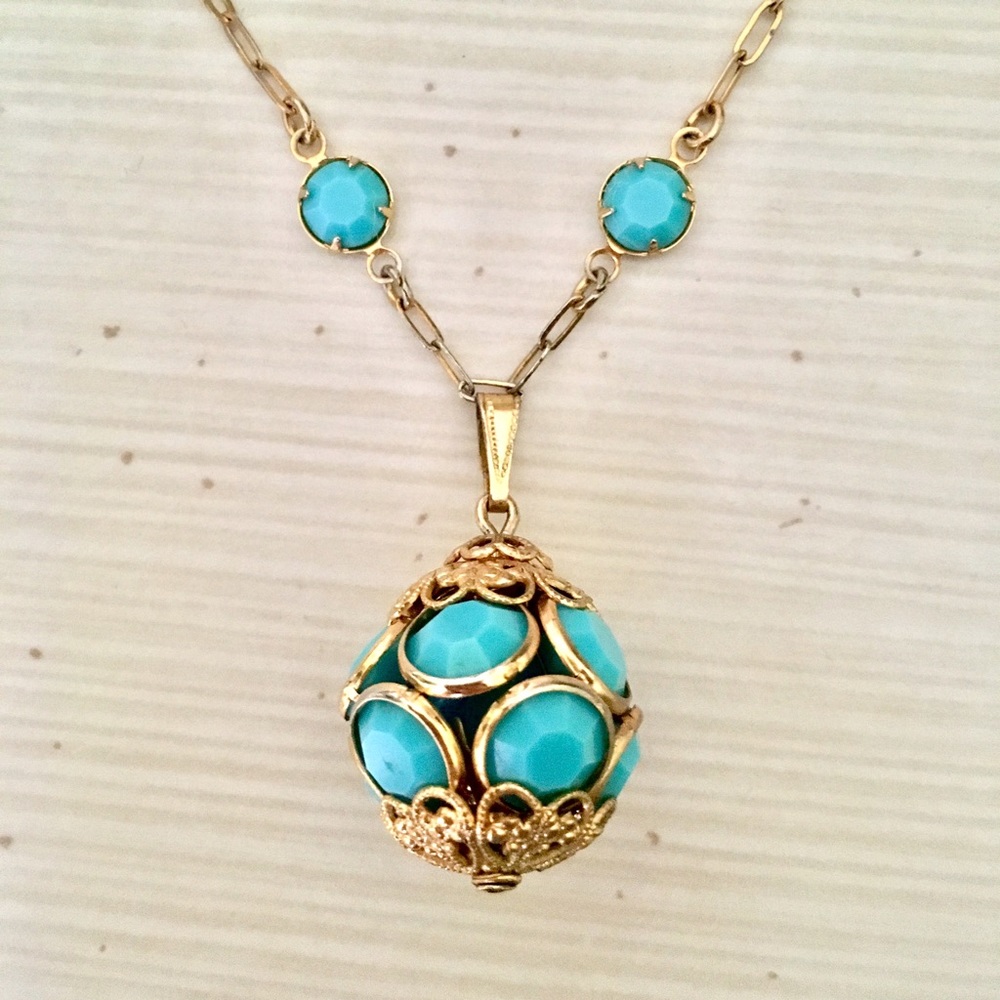 Antique Turquoise Glass and Gold Necklace