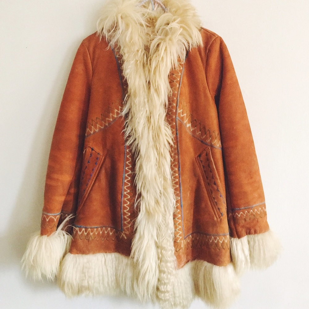 70's Suede Afghan Penny Lane Coat Fur Trim