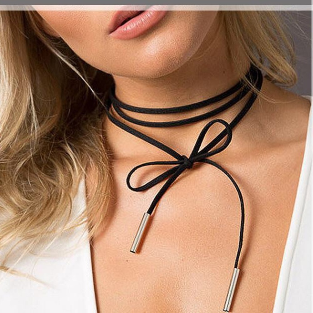 🆑 Suede Black Choker Wrap Around Bow Tie Necklace